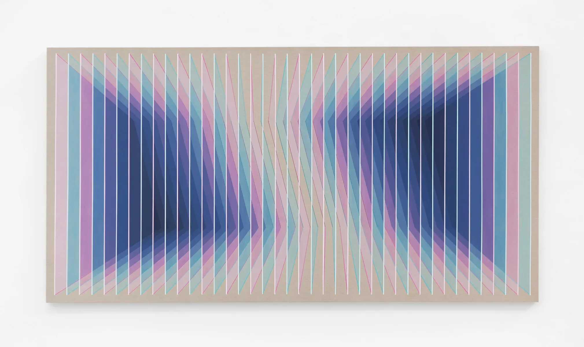 Daniel Mullen — Proximity X: optical scaffold in red–blue compression, 2025